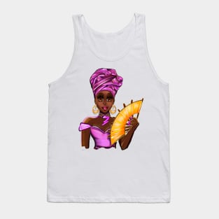 Queen Black is beautiful Anime Manga black girl with Purple headdress, necklace, earrings, gold dress and head wrap, brown eyes and dark brown skin ! Tank Top